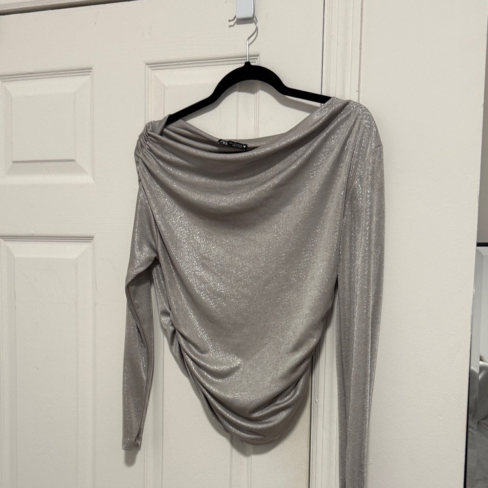 Cowl neck Silver Long Sleeve Women's Top